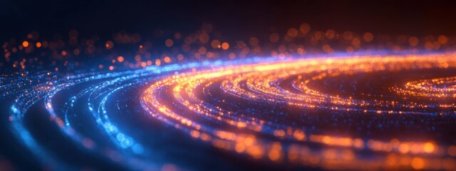 Wall Mural - Close-up of glowing blue and orange particles arranged in concentric circular patterns creating a vibrant swirling light effect with blurred background