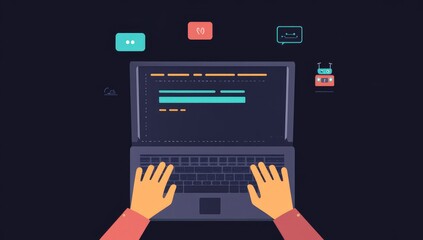 Hands typing code on a laptop, surrounded by programming icons