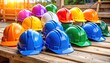 © jumino - Colorful hard hats on wooden pallet.