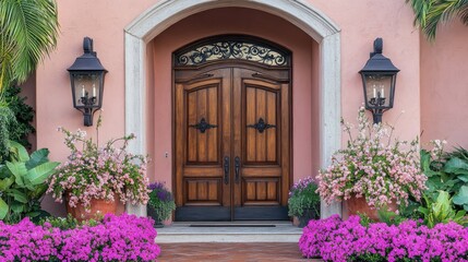  Elegant Italian facade featuring double wood doors, cascading flowers, and black wrought-iron lanterns