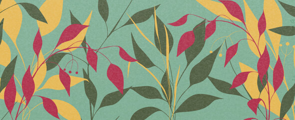 Wall Mural - abstract art background with leaves and grass in modern style. botanical banner for decor, print, te