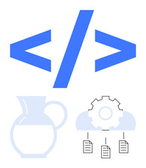Wall Mural - gear in cloud linked to files, codes for development, and minimal pitcher outline. ideal for softwar