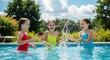 © Da - Photo of Playful Children Splashing Water in a Blue Swimming Pool on a Sunny Day