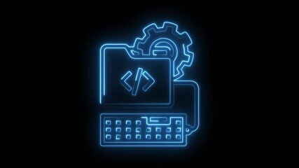 Neon style software development animation with folder,gear,and keyboard on black background