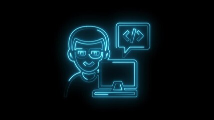 Neon style programmer icon with code symbol and computer on black background