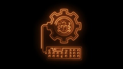 Neon bug in gear with keyboard outline for software engineering and debugging