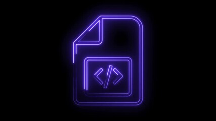 Neon code file icon animation on black background digital technology concept