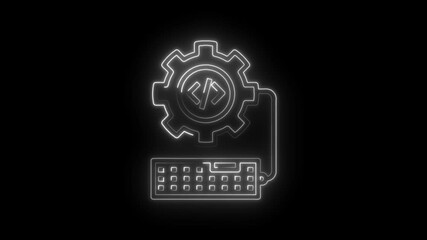 Software development process animation showing a keyboard and gear with coding symbols on black