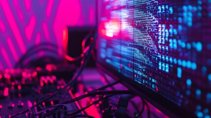 Abstract data matrix on computer screen illuminated by neon lights