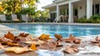 © leymart - Autumn leaves scattered around a pool's edge, with a house in the background.  The pool water is clear and inviting