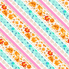 Wall Mural - elegant seamless striped pattern with flowers, leaves, paisley and tiny polka dots on white and ligh
