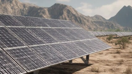 A solar panel array set in a mountainous region with clear skies.