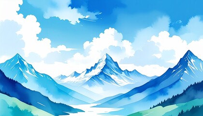 Wall Mural - clear sky view with at watercolor painting with cyan and white