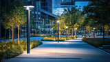 A modern cityscape at twilight, featuring a well-lit plaza with slender lampposts lining a paved pathway amidst lush green landscaping and towering glass buildings