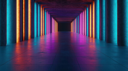 Wall Mural - vibrant neon light corridor with colorful pillars and reflected surfaces in a futuristic abstract se