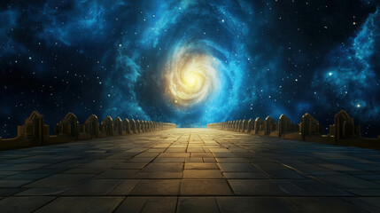 Wall Mural - Ethereal Pathway Leading to Spiraling Galaxy with Vibrant Colors and Starry Skies in an Enigmatic Cosmic Landscape