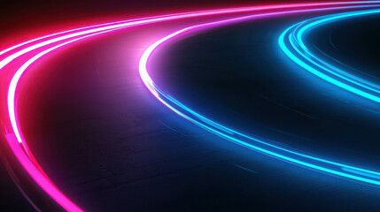 Wall Mural - neon light trails on dark background, colorful curved stripes of pink and blue, abstract modern desi