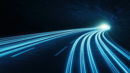 Wall Mural - futuristic tunnel with glowing light trails and curving road creating a dynamic sci-fi ambiance, sho