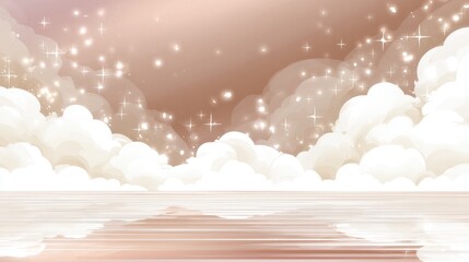Wall Mural - dreamy sky with fluffy clouds, sparkling stars, and a calm reflective surface in soft pastel tones.