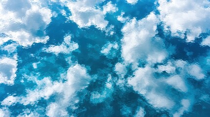 Wall Mural - fluffy white clouds are reflected in calm, rippling blue water, creating a dreamy, abstract scene.