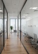 © KarenJ - Realistic Office Interior Design with Wooden Floor Hallway and Glass Walls
