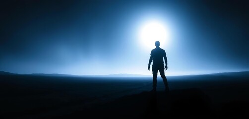 Wall Mural - Silhouetted figure confronts luminescent being in desolate, digital landscape, glowing, mysterious