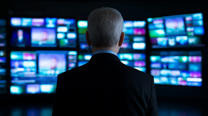 man in a suit standing in front of a wall of glowing tv screens displaying news and media content in