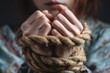 © StockHive - Close-up of a woman's hands tied with rope.