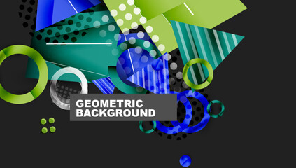 Poster - Abstract geometric composition. Shapes overlap, creating vibrant visual effect. Blue, green, gray dominate design. Modern aesthetic.