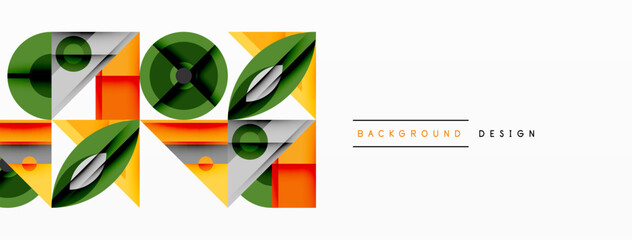Poster - Abstract geometric design. Overlapping shapes create dynamic visual effect. Green, orange, gray tones dominate composition. Modern aesthetic.