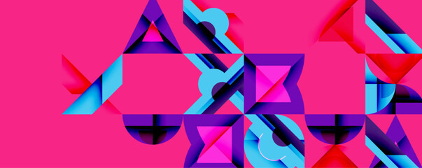 Fototapete - Abstract geometric shapes, vibrant pink background. Blue, purple elements create dynamic composition. Modern design, bold colors.