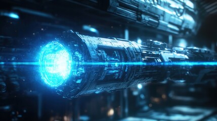 futuristic spaceship engine emitting a bright blue light in a cosmic environment