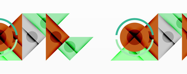 Leinwandbilder - Abstract geometric shapes, triangles, circles, overlapping forms. Orange, green, gray colors create modern design. Minimalist pattern.