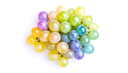 A colony of micro bubbles clustered like grapes, each with unique sizes and iridescent hues. Top-down view, isolated on white, scientific macro photography.