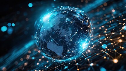 Wall Mural - a glowing blue world globe surrounded by network connections and bokeh lights effect