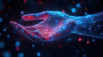 Wall Mural - glowing hand made of blue and red particles floating in a dark space with bokeh lights