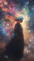 Wall Mural - A woman stands amidst a cosmic storm, her silhouette outlined against a vibrant backdrop of swirling nebulae and twinkling stars. The colors are rich and saturated, evoking a sense of wonder and awe.