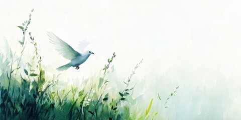white bird soaring above gentle green grass in a serene landscape during morning light near a tranqu