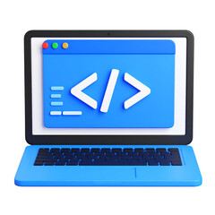 a blue laptop displays code, symbolizing programming and software development