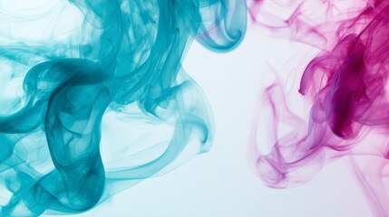Leinwandbilder - Ethereal swirls of teal and pink smoke dance gracefully against a soft white backdrop, creating a dreamlike atmosphere that evokes creativity and tranquility.