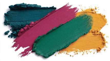 Poster - Vivid swatches of teal, magenta, green, and golden yellow paint, artistically spread across a white canvas, evoking creativity and artistic expression.