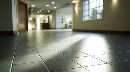 Poster - Low-angle view of sleek tiled floor reflecting soft light, creating a serene atmosphere in a modern, minimalistic interior space.