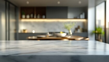 Aufkleber - Blurred modern kitchen interior featuring an empty marble tabletop, ideal for showcasing products in a stylish and elegant setting