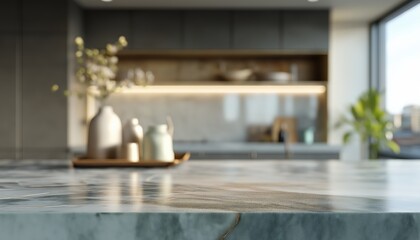 Aufkleber - Shiny marble kitchen countertop with blurred background, ideal for product placement or showcasing culinary creations