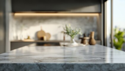 Aufkleber - Modern kitchen island countertop made of marble, featuring a blurred background with kitchen elements and decorations