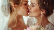 © ProPhotos - Two stunning lesbian brides in wedding dresses, close-up, loving each other with a kiss, with details of white dresses, bouquet and elegant background highlighting their joy and romance.
