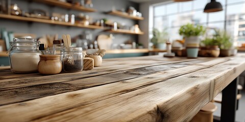 Aufkleber - Spices and kitchen utensils are sitting on a rustic wooden table in a modern kitchen, creating a warm and inviting atmosphere