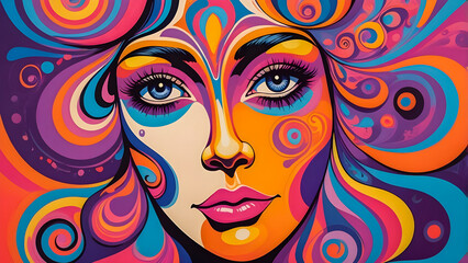  A psychedelic poster-style image featuring a vividly illustrated woman’s face, bursting with vibrant colors — pink, orange, lilac, and deep violet.	