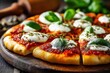 © oksa_studio - Sliced pizza margherita, topped with fresh basil leaves, resting on a rustic wooden board, showcases a delicious italian dish perfect for any meal