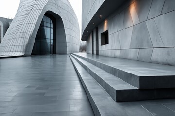 Poster - Geometric concrete tiles cover the facade of a modern building with steps leading up to the entrance